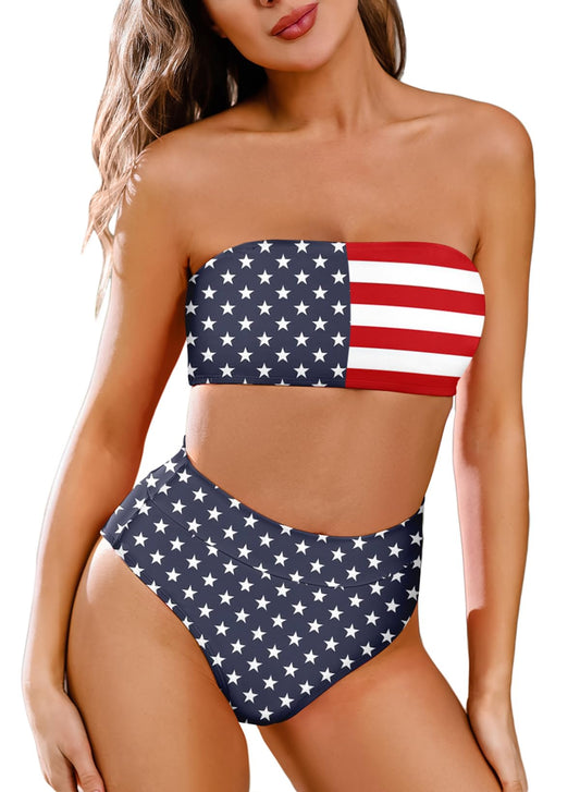 American Flag Bandeau High Waisted Bikini Set