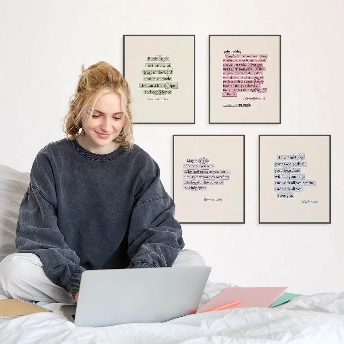ETVISO Christian Wall Art Set of 4, Dorm Decor for College Girls, Trendy Preppy Inspirational Bible Verses Wall Art Prints for Women Girl Bedroom Decorations，Teen Girl Room Decor 8x10 (Unframed)