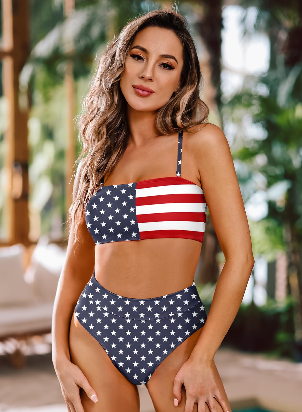 American Flag Bandeau High Waisted Bikini Set