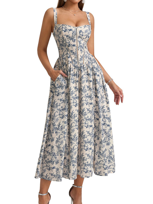 Floral Flowy Corset Midi Dress with Slit