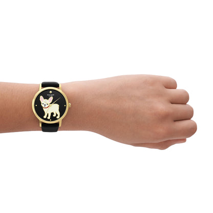 Kate Spade New York women's metro three-hand puppy black leather band watch (Model: KSW9069)
