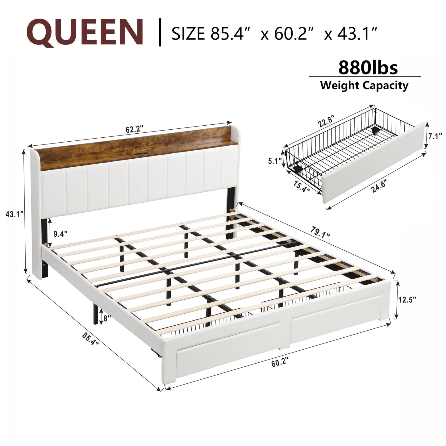 Upholstered Bed Frame with Storage Drawers and Outlets/USB