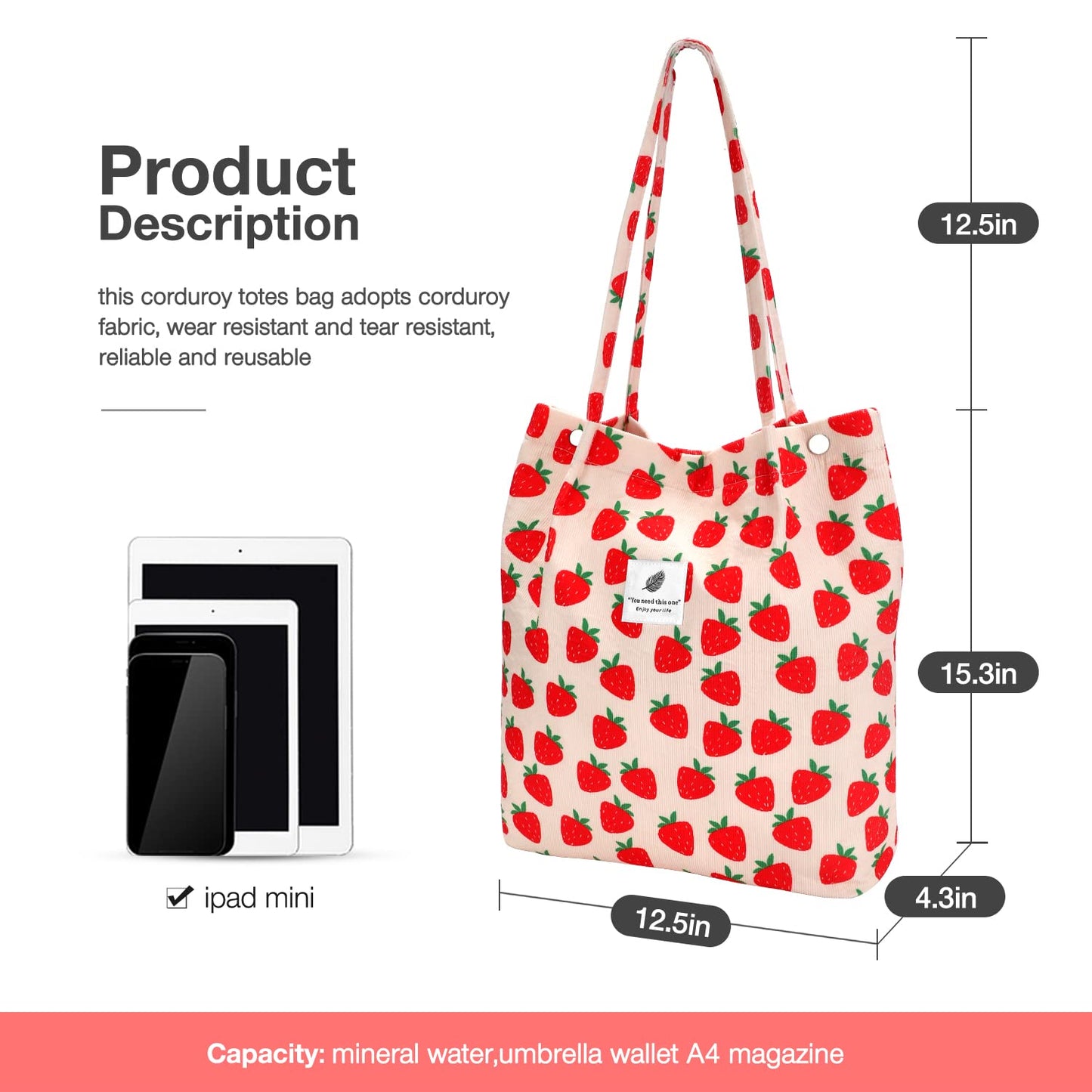 Strawberry Corduroy Tote Bag