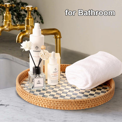 Checkerboard Round Rattan Tray with Mother of Pearl Inlay