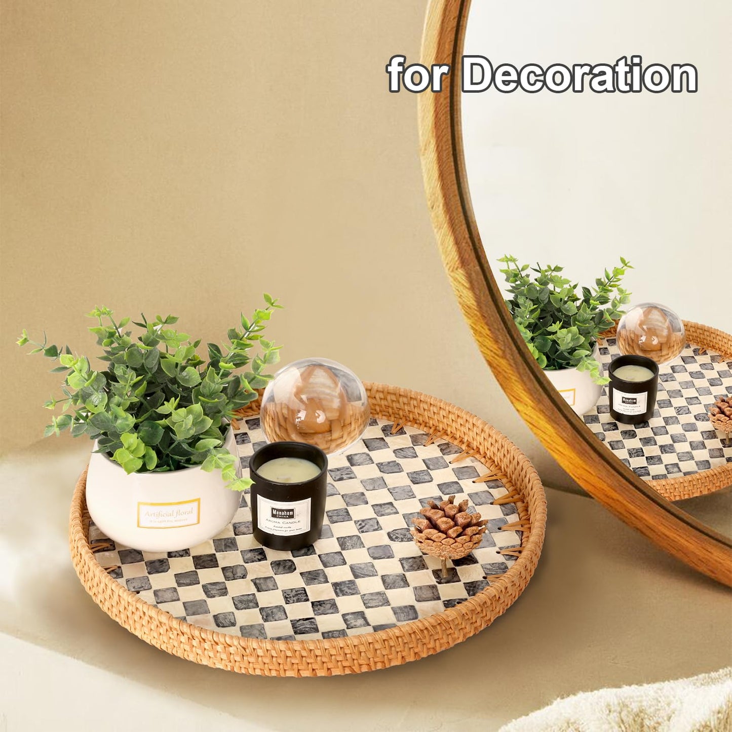 Checkerboard Round Rattan Tray with Mother of Pearl Inlay