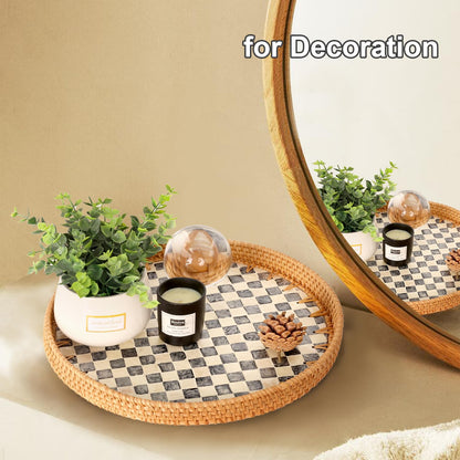 Checkerboard Round Rattan Tray with Mother of Pearl Inlay