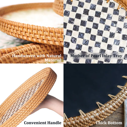 Checkerboard Round Rattan Tray with Mother of Pearl Inlay