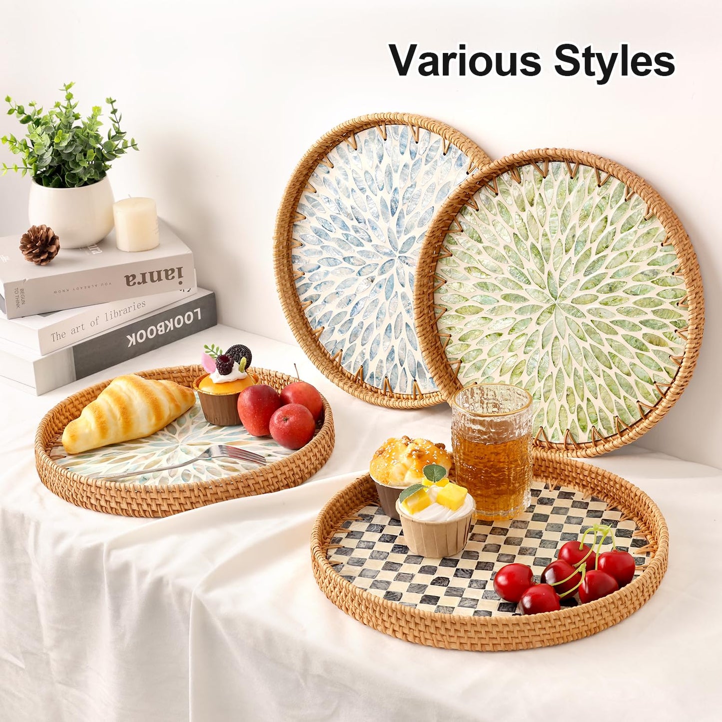 Checkerboard Round Rattan Tray with Mother of Pearl Inlay