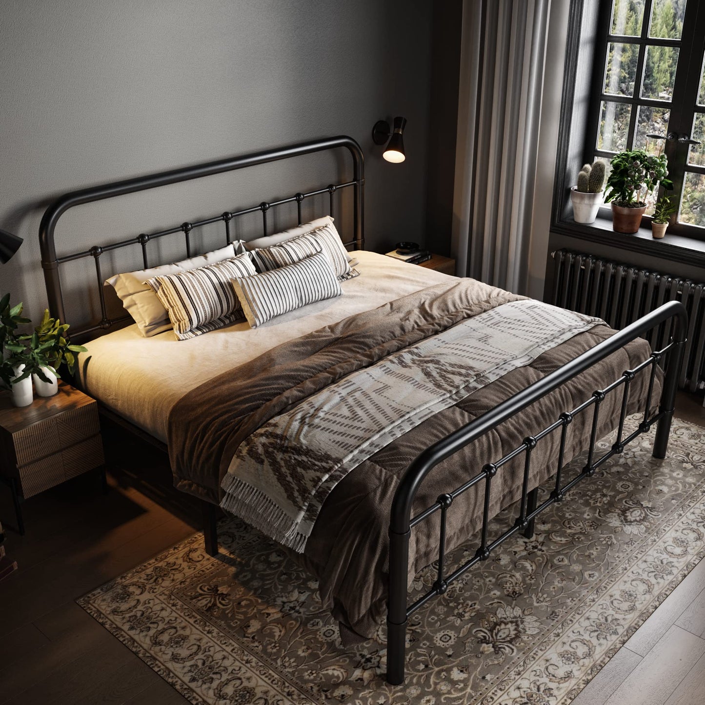 Metal Platform Bed Frame with Victorian Style Wrought Iron