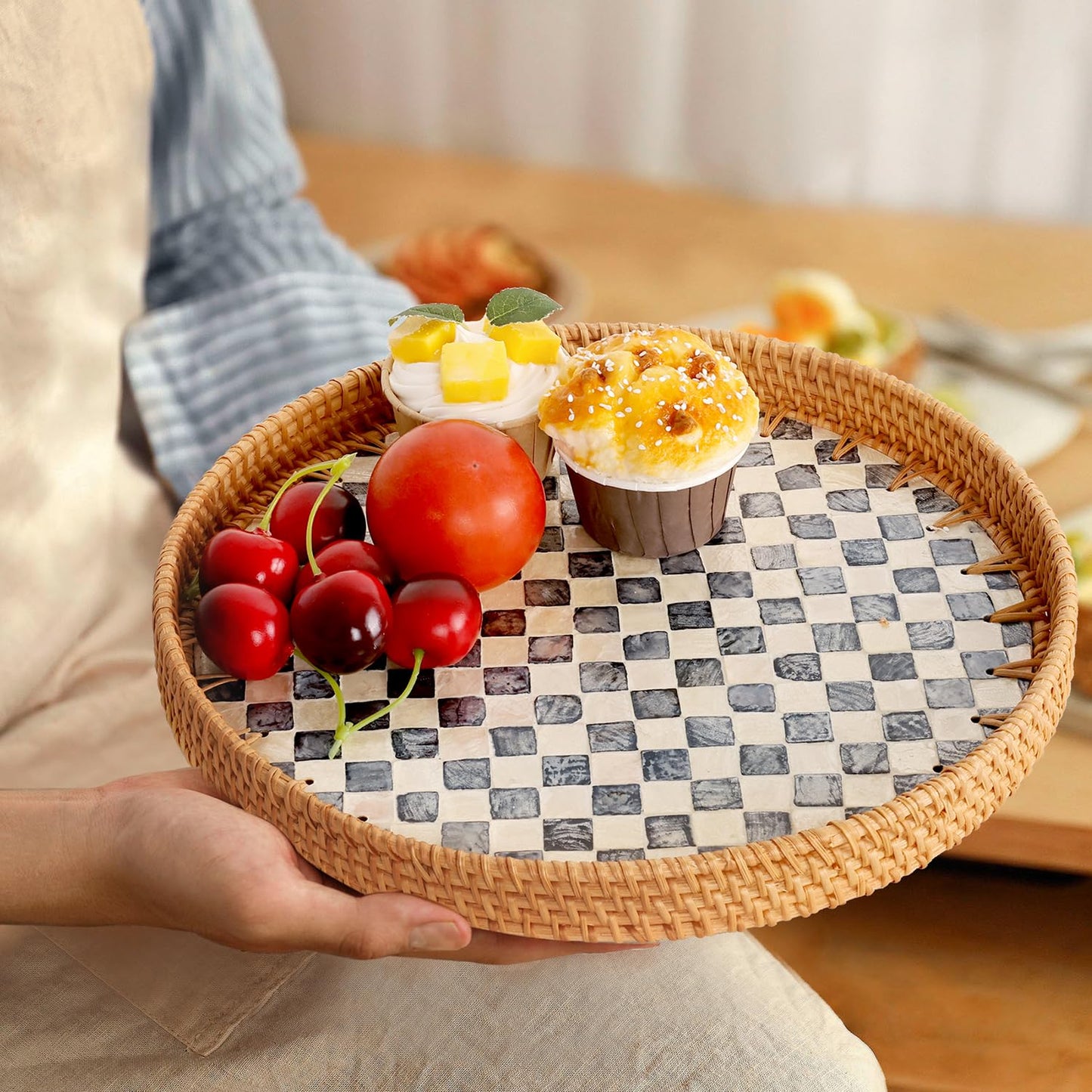 Checkerboard Round Rattan Tray with Mother of Pearl Inlay