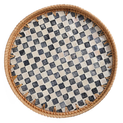 Checkerboard Round Rattan Tray with Mother of Pearl Inlay