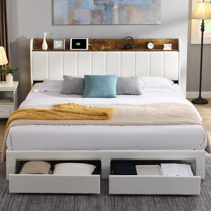 Upholstered Bed Frame with Storage Drawers and Outlets/USB