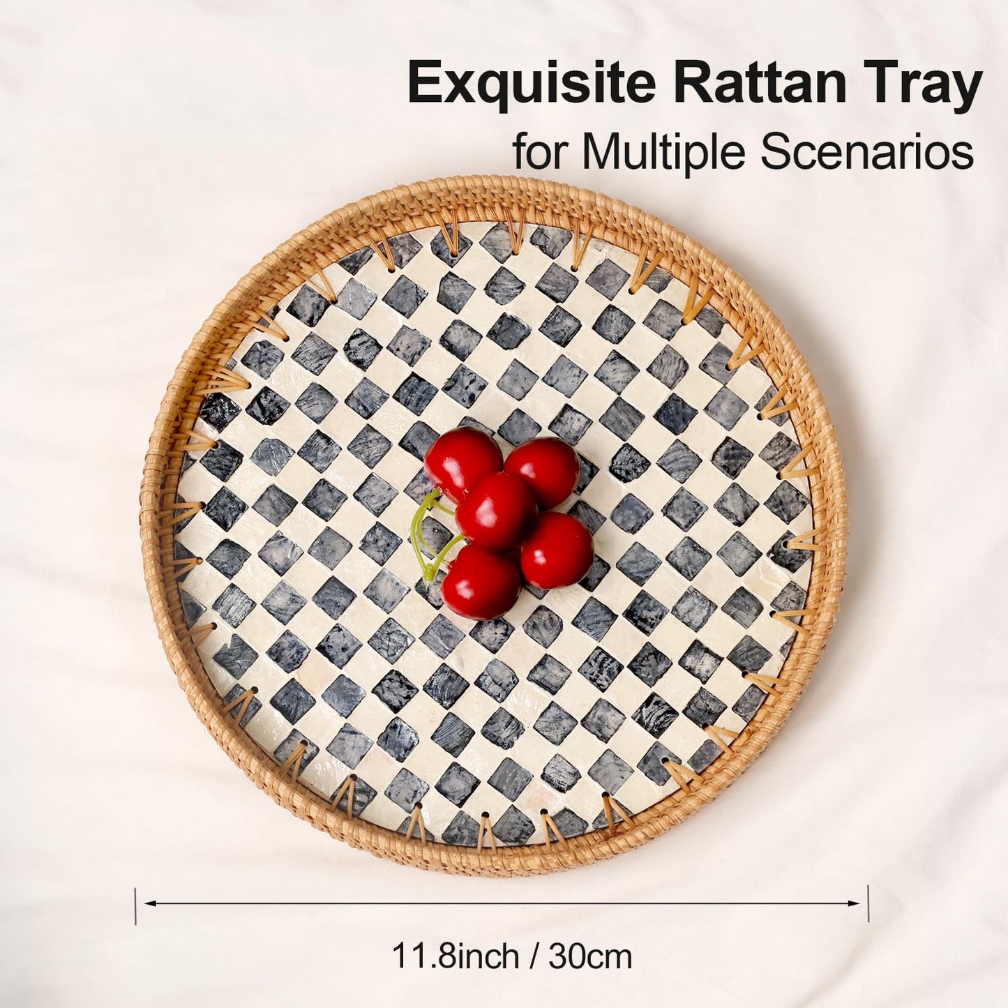 Checkerboard Round Rattan Tray with Mother of Pearl Inlay