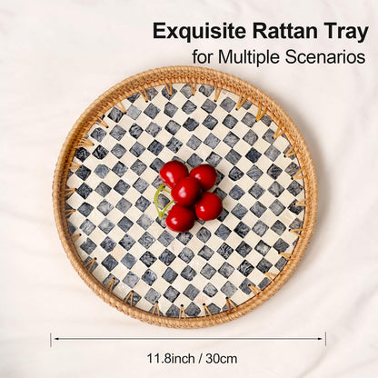 Checkerboard Round Rattan Tray with Mother of Pearl Inlay