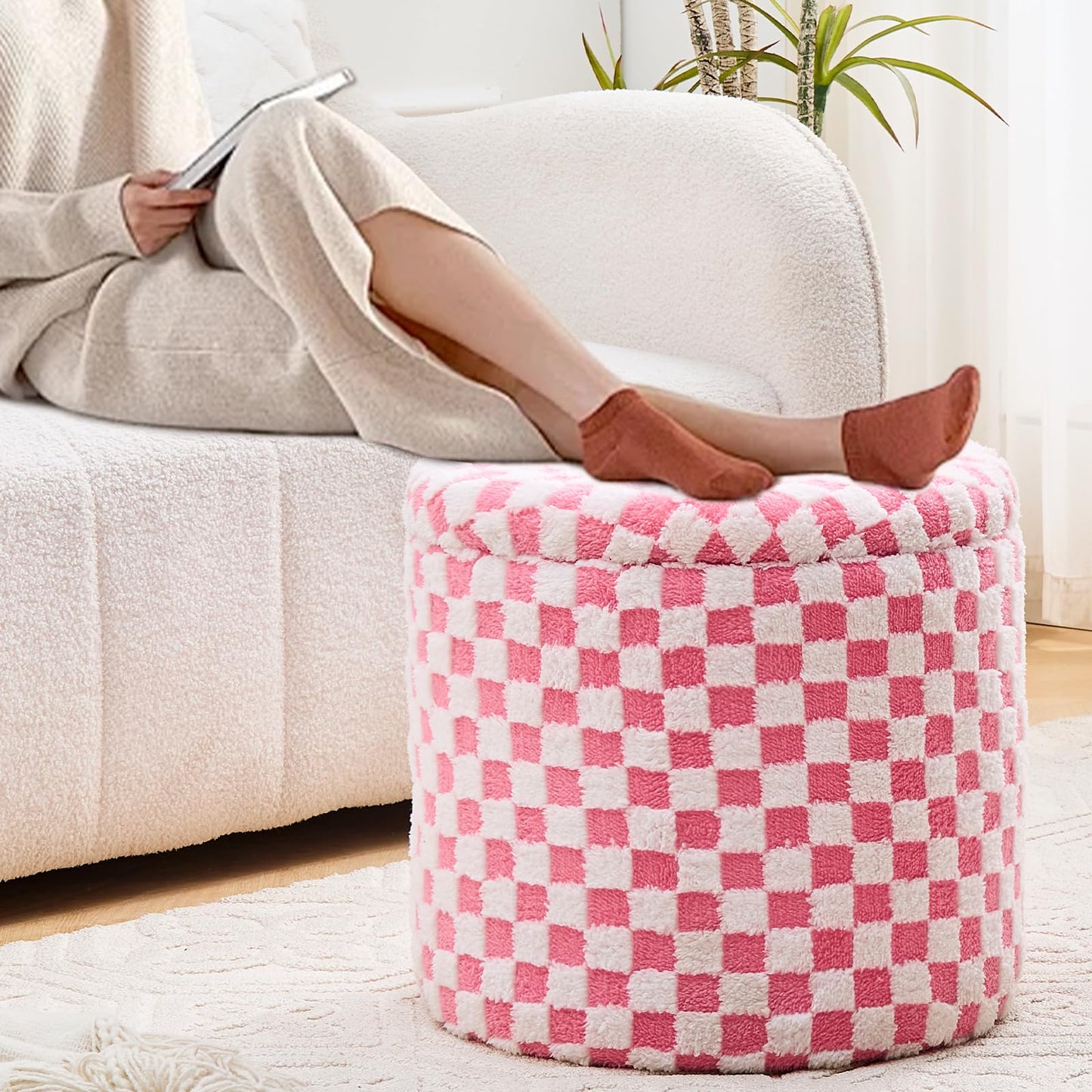 Round Storage Ottoman Soft Faux Fur