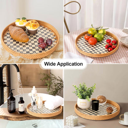 Checkerboard Round Rattan Tray with Mother of Pearl Inlay