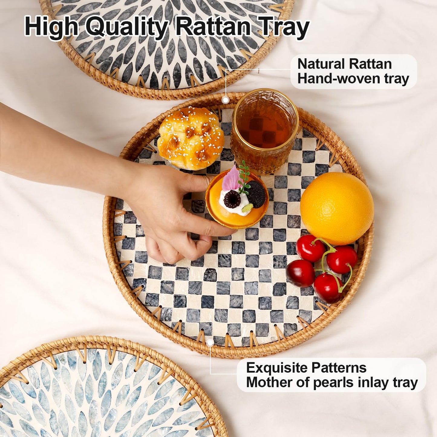Checkerboard Round Rattan Tray with Mother of Pearl Inlay