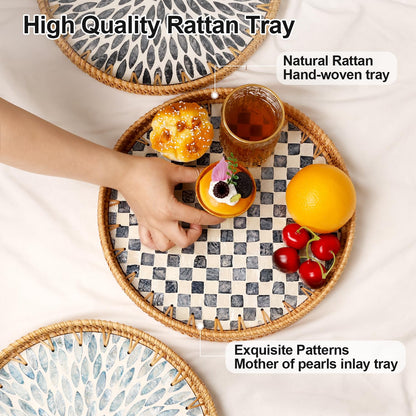 Checkerboard Round Rattan Tray with Mother of Pearl Inlay